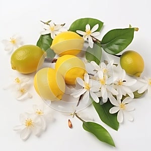 Lovely white lemon flowers and bright yellow fruits close-up on white,