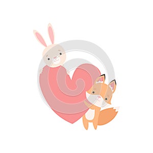 Lovely White Little Bunny and Fox Cub Holding Big Red Heart, Cute Best Friends, Adorable Rabbit and Pup Cartoon