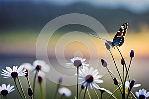 lovely wildflowers nature macro close-up of chamomile, purple wild peas, and butterfly in morning haze.