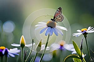 lovely wildflowers nature macro close-up of chamomile, purple wild peas, and butterfly in morning haze.