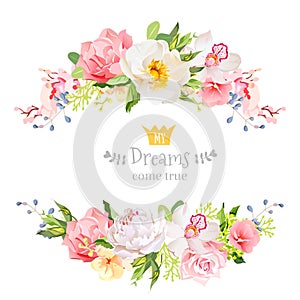 Lovely wishes floral vector design frame. Wild rose, peony, orchid, hydrangea, pink and yellow flowers.