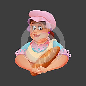 Lovely woman baker with baguette. Vector illustration.