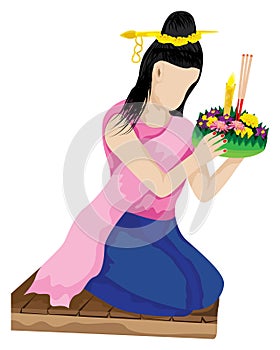 lovely woman with Kratong flower vector design.