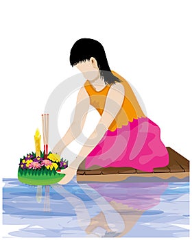 lovely woman with Kratong flower vector design