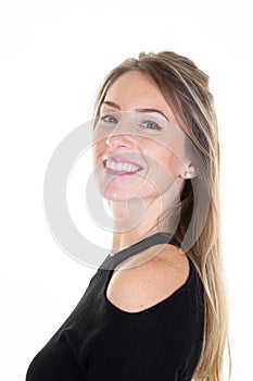 Lovely woman pleasant smile on face healthy skin in white background