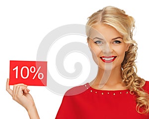 Lovely woman in red dress with discount card