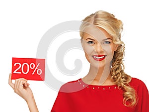 Lovely woman in red dress with discount card