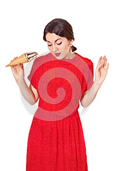 Lovely woman in a red dress soiled ice cream