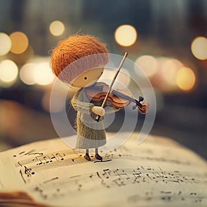 The lovely world of wool felt, a musician composing a symphony, focused, sheet music, violin, realistic hyper-detail photo