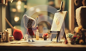 The lovely world of wool felt, a painter creating a masterpiece, inspired, easel, paintbrush, realistic hyper-detail photo