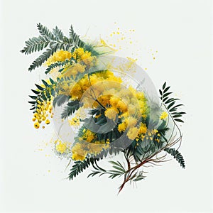 Lovely yellow fluffy mimosa branch isolated on white close-up, beautiful spring background,