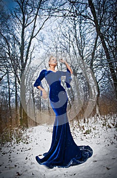 Lovely young lady in elegant blue dress posing in winter scenery, royal look. Fashionable blonde woman with forest in background
