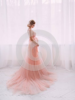 Lovely young pregnant woman in a beautiful dress