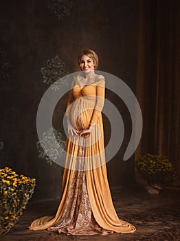 Lovely young pregnant woman in a beautiful dress