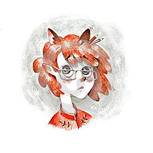 Lovely young red head girl in glasses with foxy ears artistic pencil illustration drawing