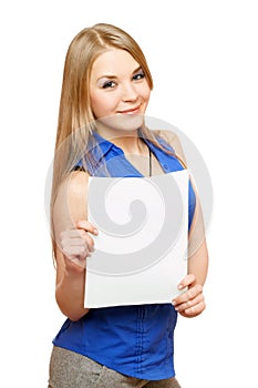 Lovely young woman holding empty white board