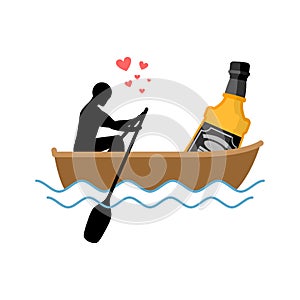 Lover alcohol drink. Man and bottle of whiskey boat ride. Lovers