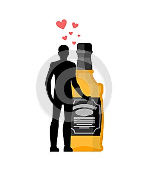 Lover alcohol drink. Man and bottle of whiskey embrace. Lovers c