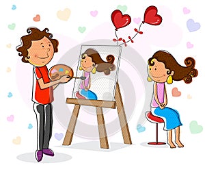 Lover boy painting portrait of girl