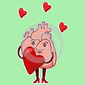 The Lover Emoji of the Physiological Heart. A cute cardiological character holds a heart in his hands
