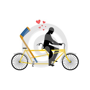 Lover hockey. hockey-stick on bicycle. Lovers of cycling. Man rolls tandem bike. Joint walk on street. Romantic date.