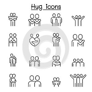 Lover, hug, friendship, relationship icon set in thin line style