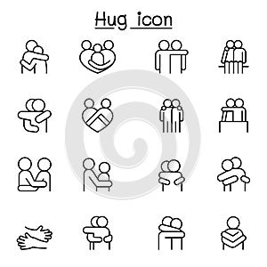 Lover, hug, friendship, relationship icon set in thin line style