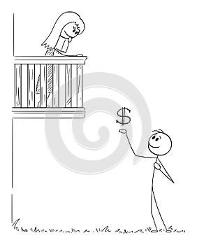 Lover Offering Money To Girl on Balcony , Vector Cartoon Stick Figure Illustration