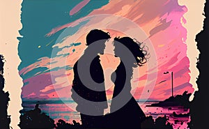 A lover's pair at sunset time. A man and a woman silhouette