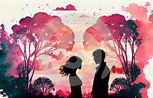 A lover's pair at sunset time. A man and a woman silhouette