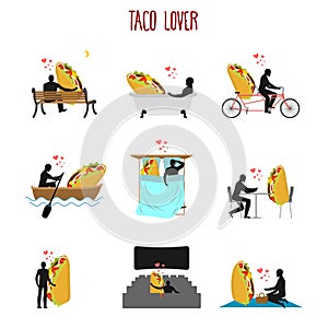 Lover taco set. Love to Mexican food collection. Man and fastfoo