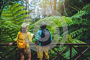 Lover woman and man asian travel nature.Travel relax. Walking and studying nature in the forest. Thailand