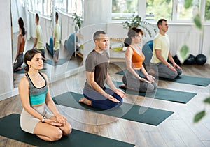 Lovers of active lifestyle on yoga mat perform doing diamond pose, vajrasana in gym