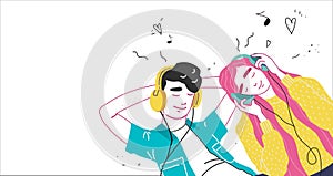 Lovers boy and girl listen to music on headphones