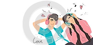 Lovers boy and girl listen to music on headphones