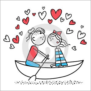 Lovers boy and girl sit on boat and kiss