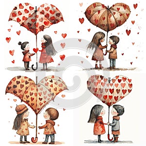 Lovers Boy and Girl under an umbrella in the shape of a heart surrounded by hearts. Adorable watercolor nursery illustration for