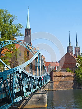 Lovers bridge and cathedrals in Wroclaw, Poland