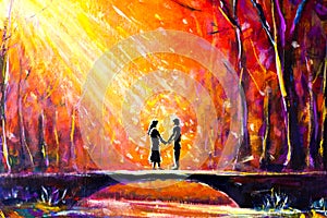 Lovers on bridge in woods at night. Romantic rays on lovers. Love. Romance. Secret love - colorful painting art.