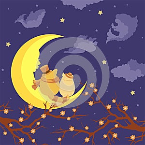 Lovers cats sitting on the moon and dreaming