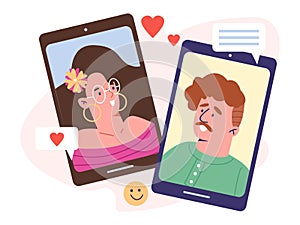 Lovers communicate via video call flat style, vector illustration