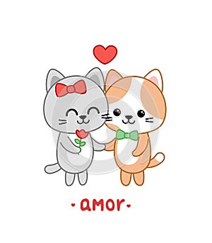 Lovers couple of kittens. Amor. Valentine day card. Kawaii, cartoon, vector