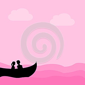 Lovers couple sit on a boat in the middle of the sea.