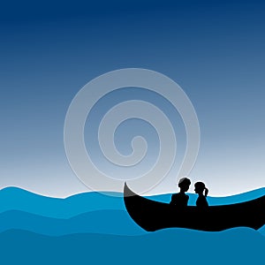 Lovers couple sit on a boat in the middle of the sea.