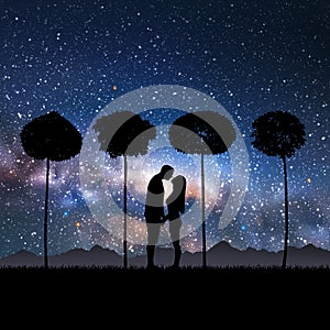 Lovers couple and trees in park. People in love. Milky Way, night sky