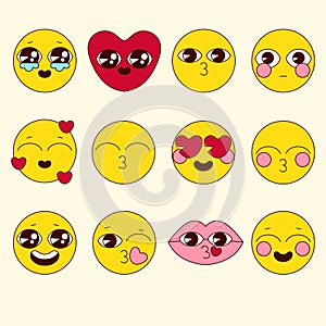 Lovers emoji stickers label in 70s, 80s, 90s style. Vector set with love emotion