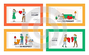 Lovers in End of Loving Relations Landing Page Template Set. Couple Characters with Broken Heart Blaming Each Other
