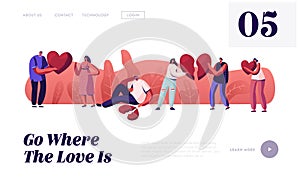 Lovers in End of Loving Relations Website Landing Page. Young Man and Woman Pull Apart Broken Heart Parts