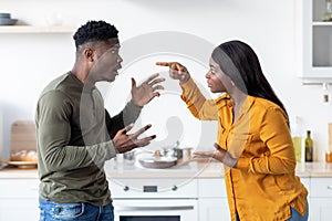 Lovers Fight. Portrait Of Andry Black Couple Emotionally Arguing In Kitchen