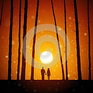 Lovers in forest at red sunset